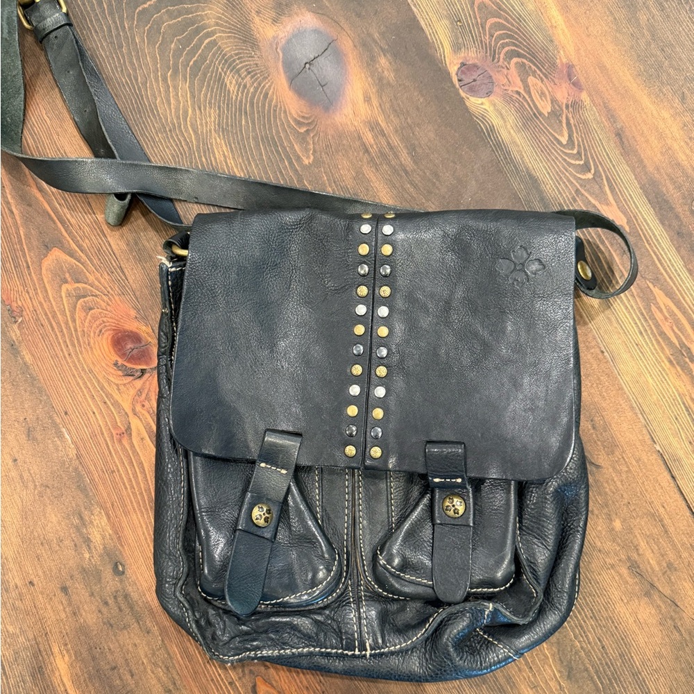 Patricia Nash Armeno studded black leather crossbody messenger bag